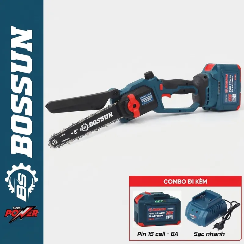 Máy Cưa Xích Pin BS BOSSUN BS-CS08BLC, Lam Xích 8inch, Không Chổi Than - 15cell - Có Tra Nhớt