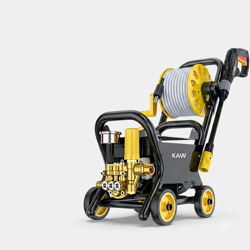 Máy rửa xe bán công nghiệp KAW mới nhất lõi đồng siêu mạnh, Có con lăn cuốn 20M dây và khung 4 bánh xe